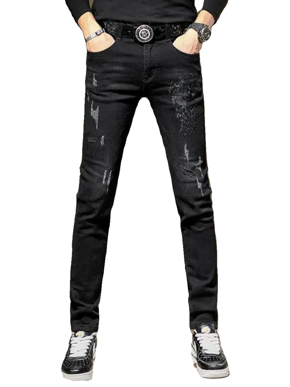

High-End Fce-Lined Embroidered Bla Jeans Men's Elastic Slim Fit Casual Long Trousers Trendy Mid-Waist hine Embroidery