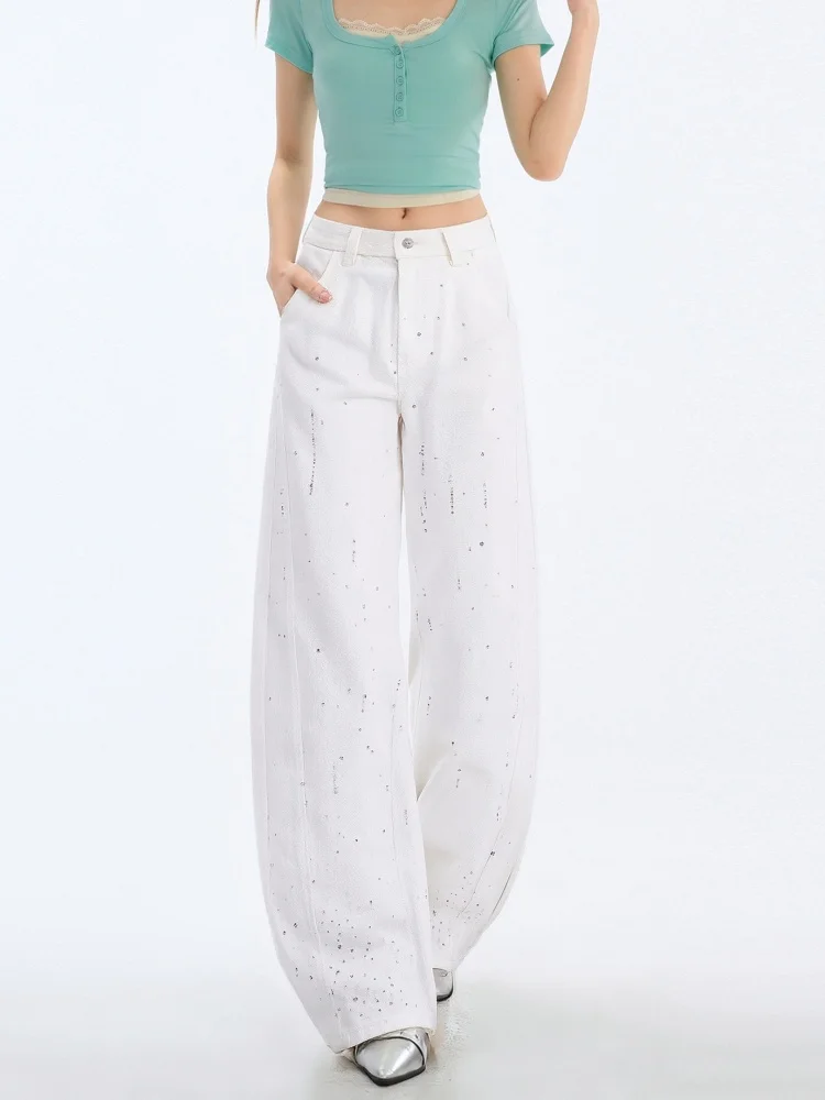 KSTUN 100% Cotton Beige Rhinestone Denim Jeans Women High Waisted Curved Blade Pants Lady Elegant Glitter Sequined Mom Jeans