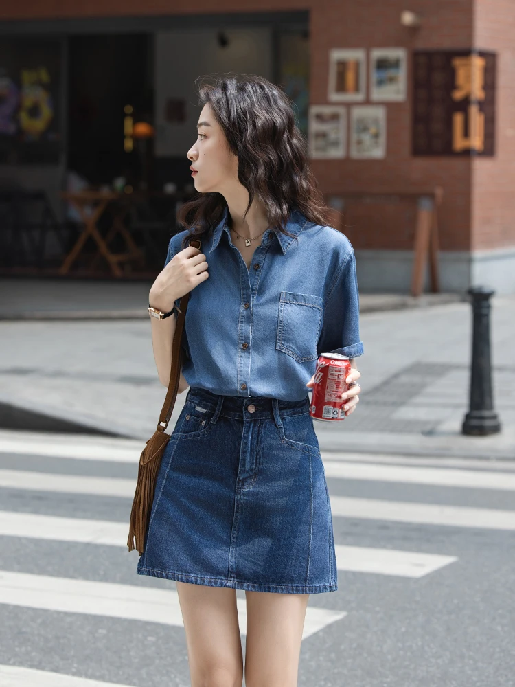 

SuMian Thin ort Sve Silk Denim Casual irt Summer 2025 New Sle Loose Fit Blue Collar Korean Sle Women's irt