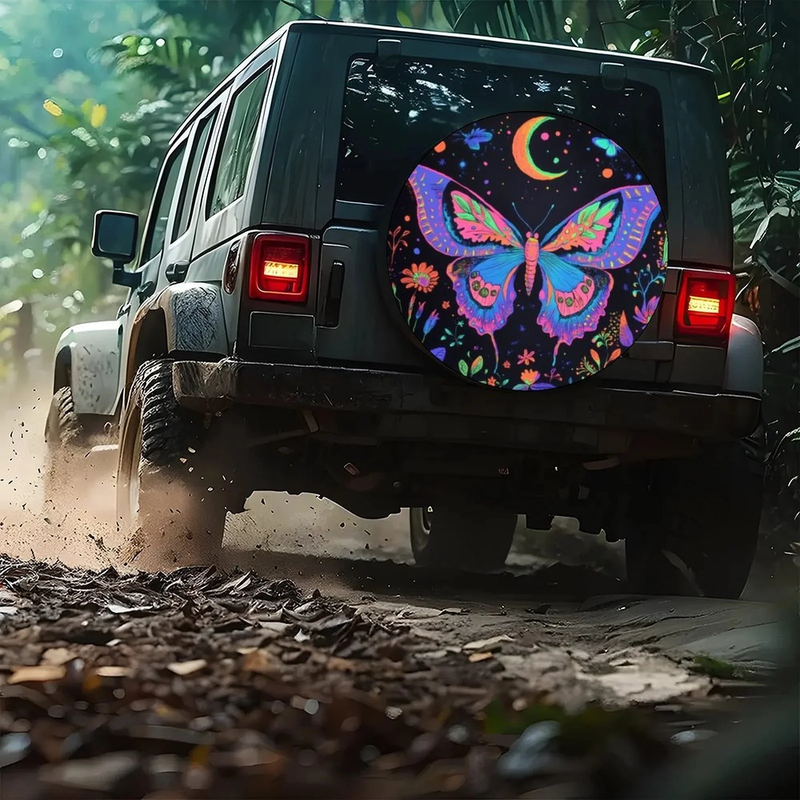

Neon Butterfly Spare Tire Cover Glow in Dark Wheel Protector Luminous UV Activated Accessory