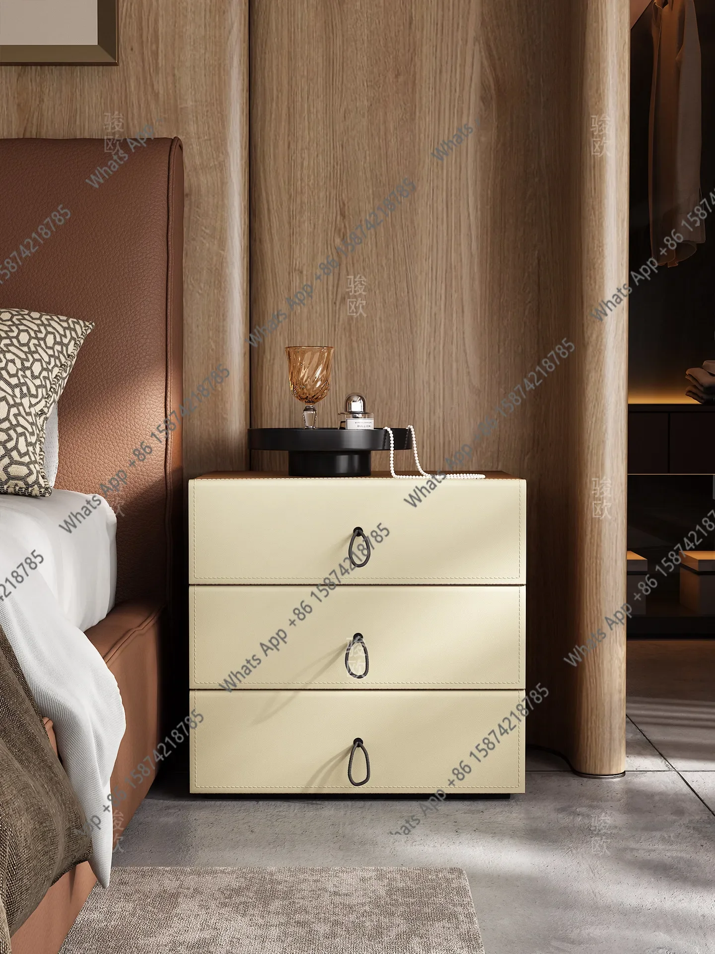 Nn Saddle Leather Bedside Table Villa Luxury Designer New Original Italian High-end Rotating Bedside Table