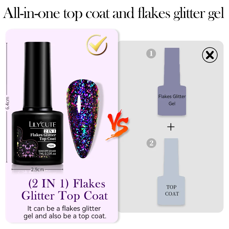 LILYCUTE 2 IN 1 Flakes Glitter Top Coat Gel Polish Nail Art Vernis Semi Permanent UV Gel Sparking Aurora Gel No Wipe Top Coat