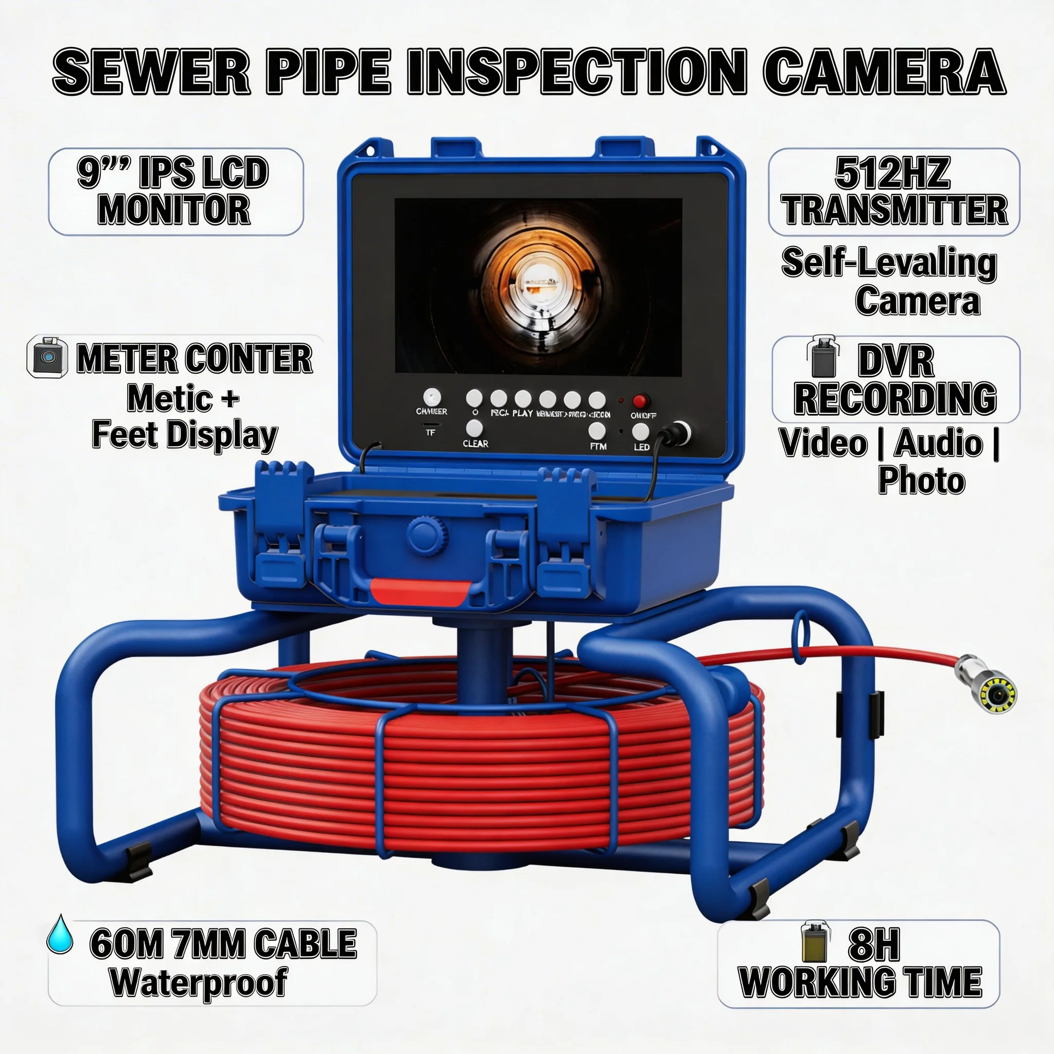 

9" 30M Sewer Camera 512Hz Locator 1080P IPS DVR Self-Leveling Meter Counter 7mm Cable 4500mAh Battery Drain Pipe Inspection 16GB