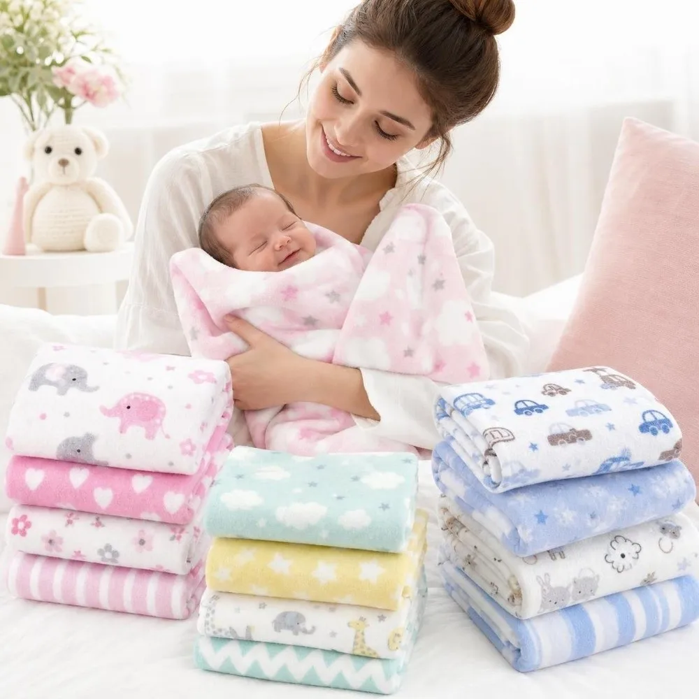 4Pcs Pack Flannel Receiving Blanket Super Soft Printed Newborn Swaddle Twill Weave 76x76cm Bedsheet Blanket
