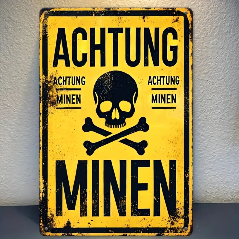 Retro German Achtung Minen Metal Tin Sign - Vintage Skull and Crossbones Warning Wall Decor for Man Cave, Garage, and Militar