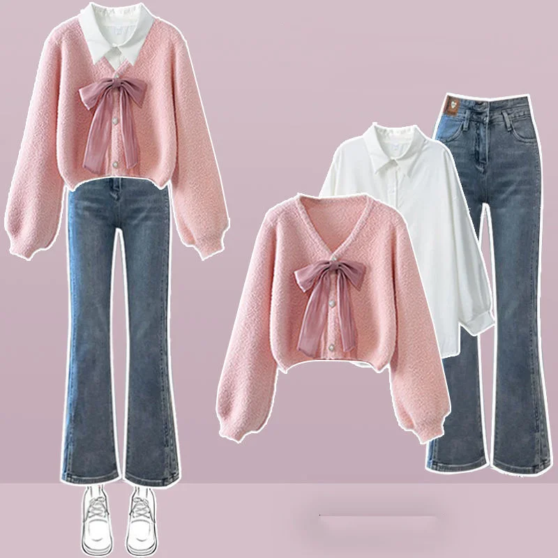 Spring Autumn Sweet Fashion Outfits Women\'s 2023 Korean Edition Elegant Bow Sweater Shirt High Waist Slim Jeans Three Piece Set