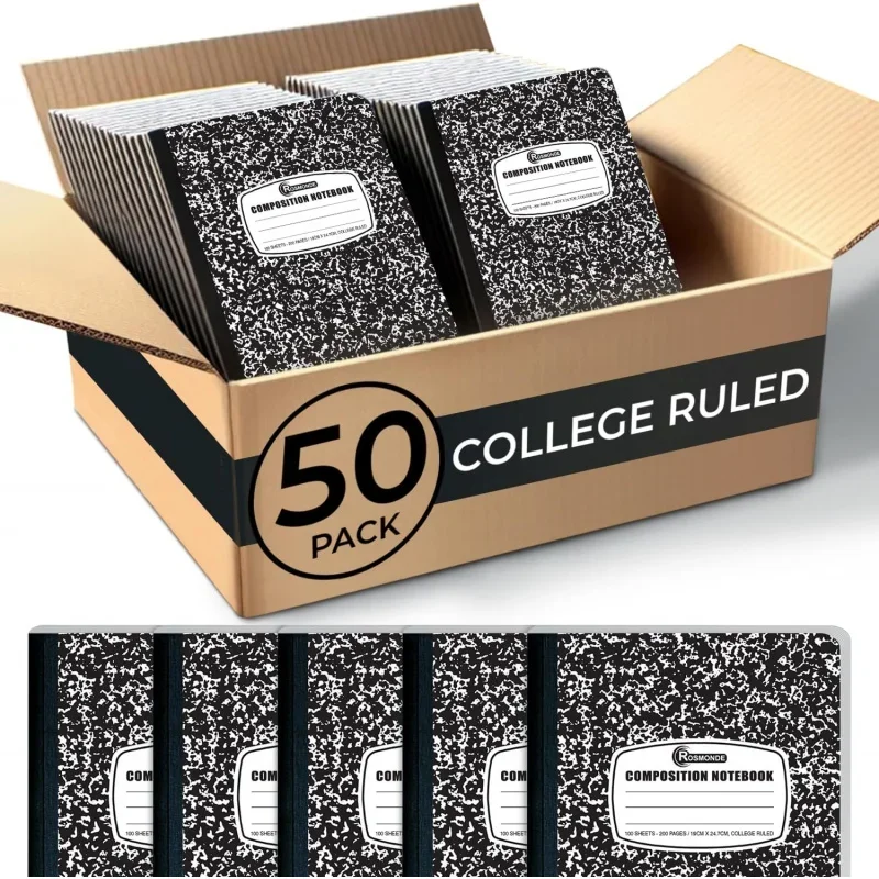 50 Composition College , 200 Pages (100 Sheets), 9-3/4 x-1/2, Black Marble Hard Cover, Supplies, , Notebook