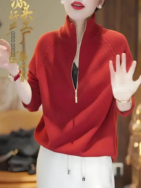 

Sli f-Zip Knitwear Stand Collar Sweater Trendy White Enhancing Outerwear Korean Sle Loose Fit Long Sve Polyester