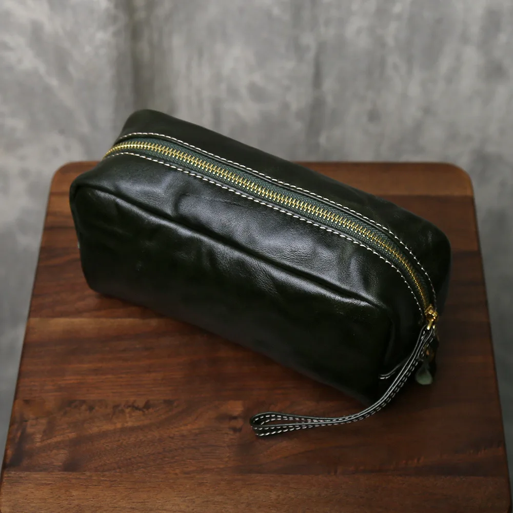 Men's Toiletry Bag Vegetable Tanned Top Grain Cowhide Large Capacity Handbag Genuine Leather Storage Pouch