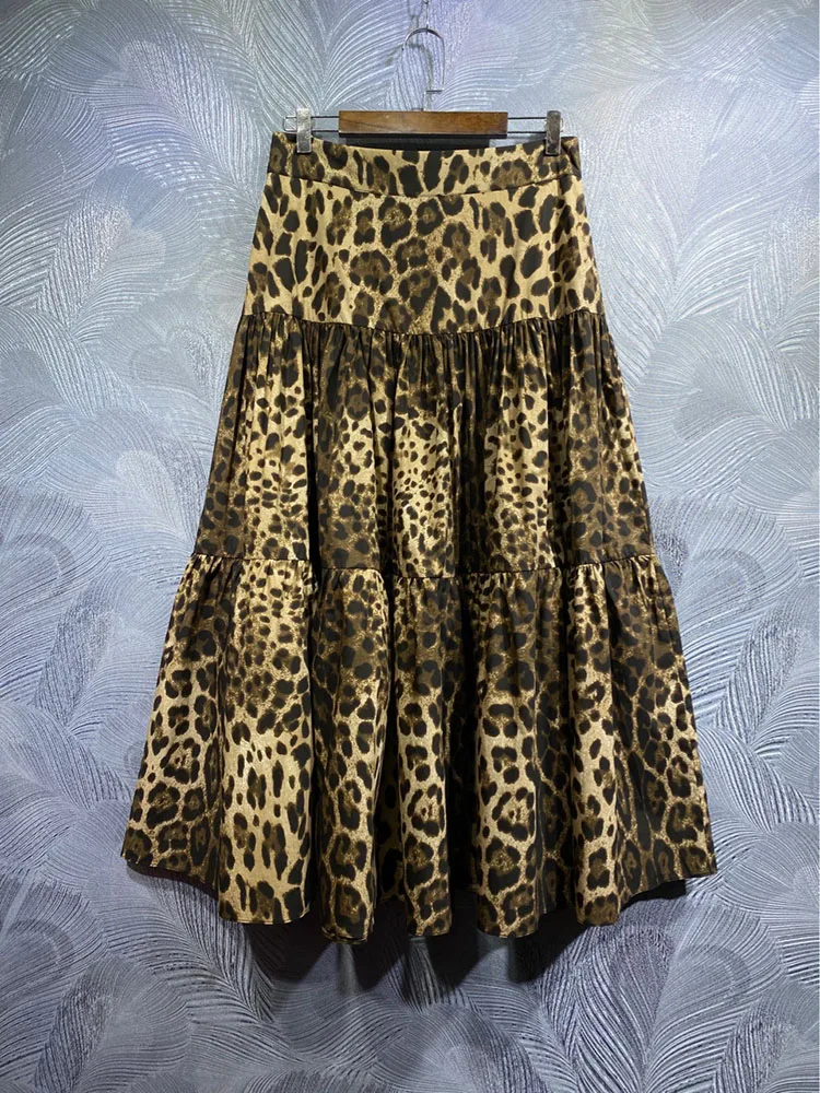 Fashion Leopard Printing Skirt Women 100% Cotton Party Holiday Half Dress Elegant Lady Empire Expansion