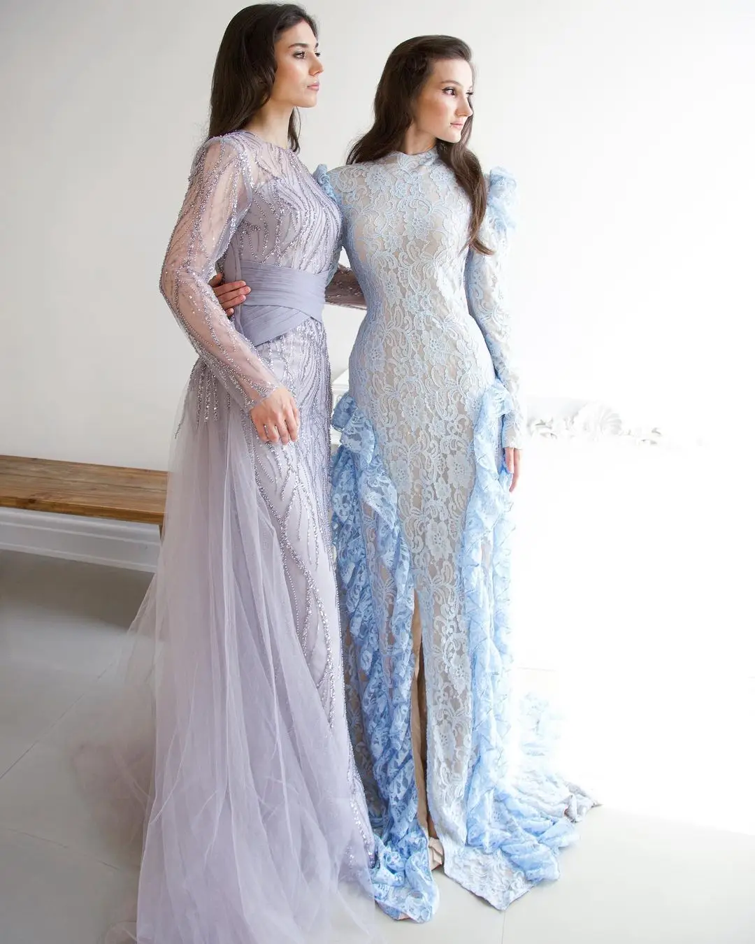 

Sky Blue Lace Prom Dresses 2023 New Design Long Sleeves Ruffles Elegant Evening Dresses Vestido Fiesta فساتين مناسبة رسمية