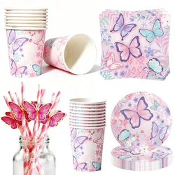 Butterfly Tableware Girls Birthday Party Paper Plates Napkins Cups Decorations Balloons Butterfly Fairy Themed Parties Supplies