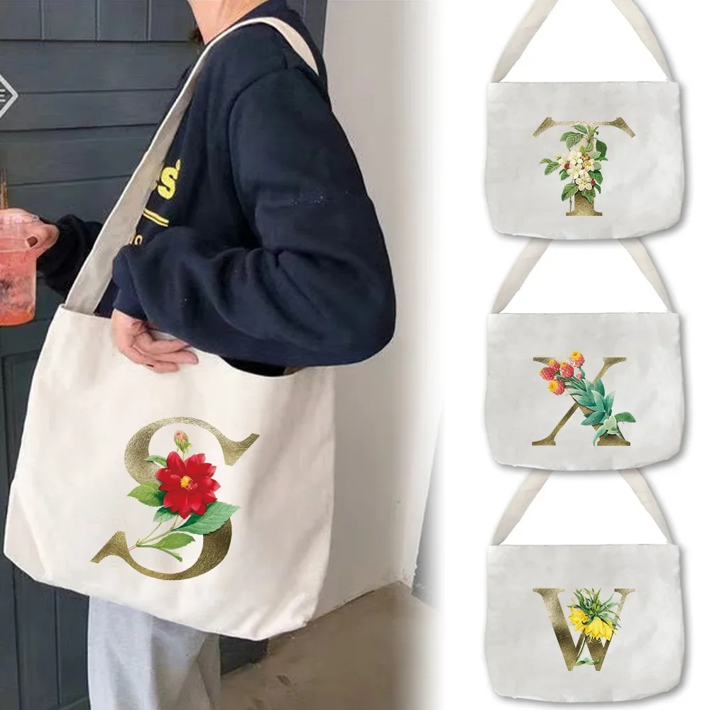 Women's Minimalist Canvas Shoulder Bags Portable Travel Handbag Large Capacity Storage and Storage Bag Golden Flower Series