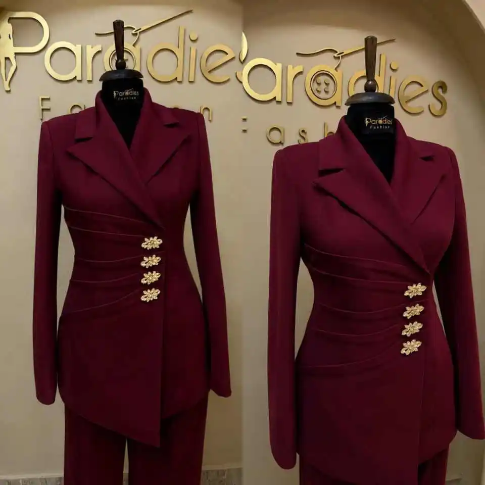 Elegant Women Two Piece Suit Notched Lapel Blazer Pleated Waist Floral Buttons Outfit Suitable For Dinner Party Customized