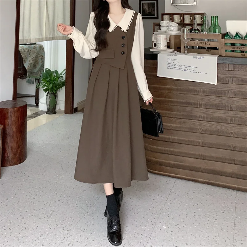 

Retro Stitching Fake Two-Piece Long Sleeve Dress Women's Spring Autumn New Fashion High Waist Slim Long Casual Dresses Female