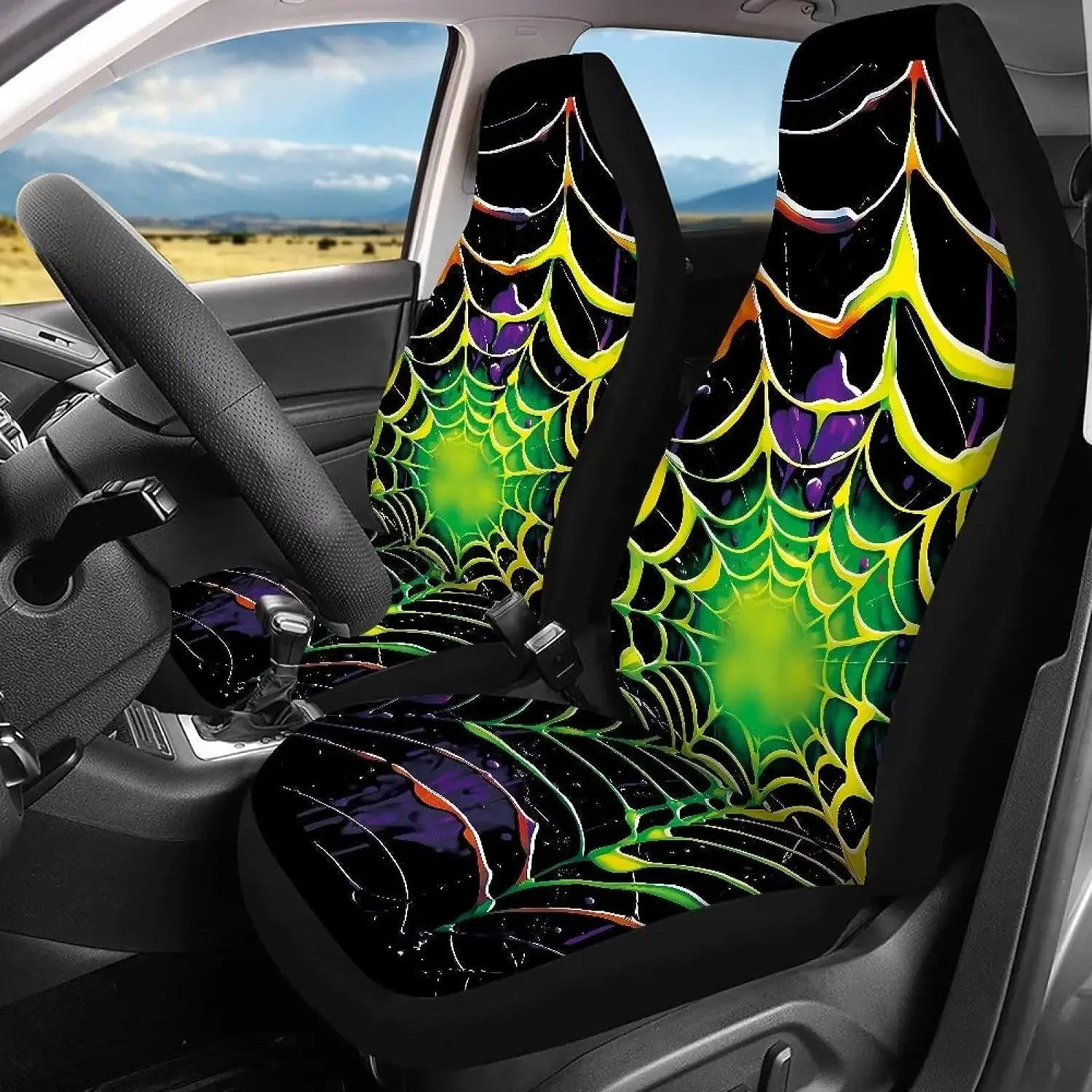 Halloween Cool Green Spider Web Car Seat Protector for Truck SUV Sedan Front Bench Back Universal Fit Anti-Slip Auto Holiday