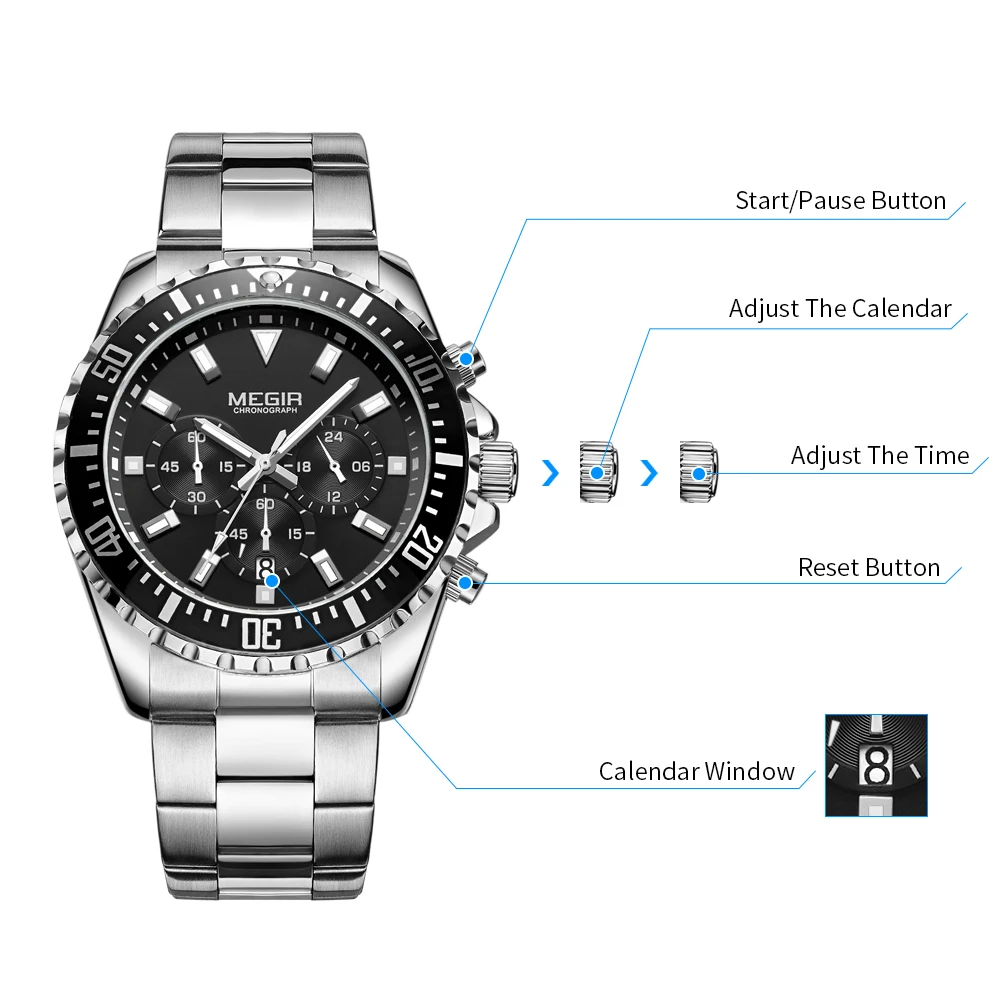 MEGIR Original Luxury Men Business Quartz Watches Stainless Steel Chronograph Military Wristwatch Clock Relogio Masculino 2064