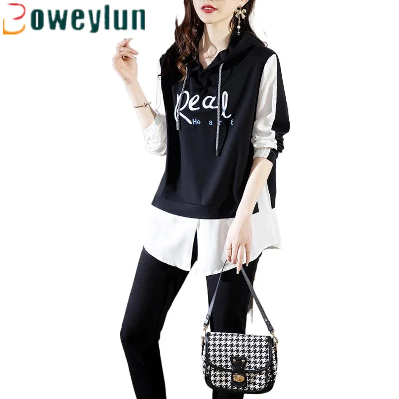 

Boweylun Autumn New Korean Version Sweater Women Embroidered Letters Long-sleeved Splicing False Two-piece Top Female