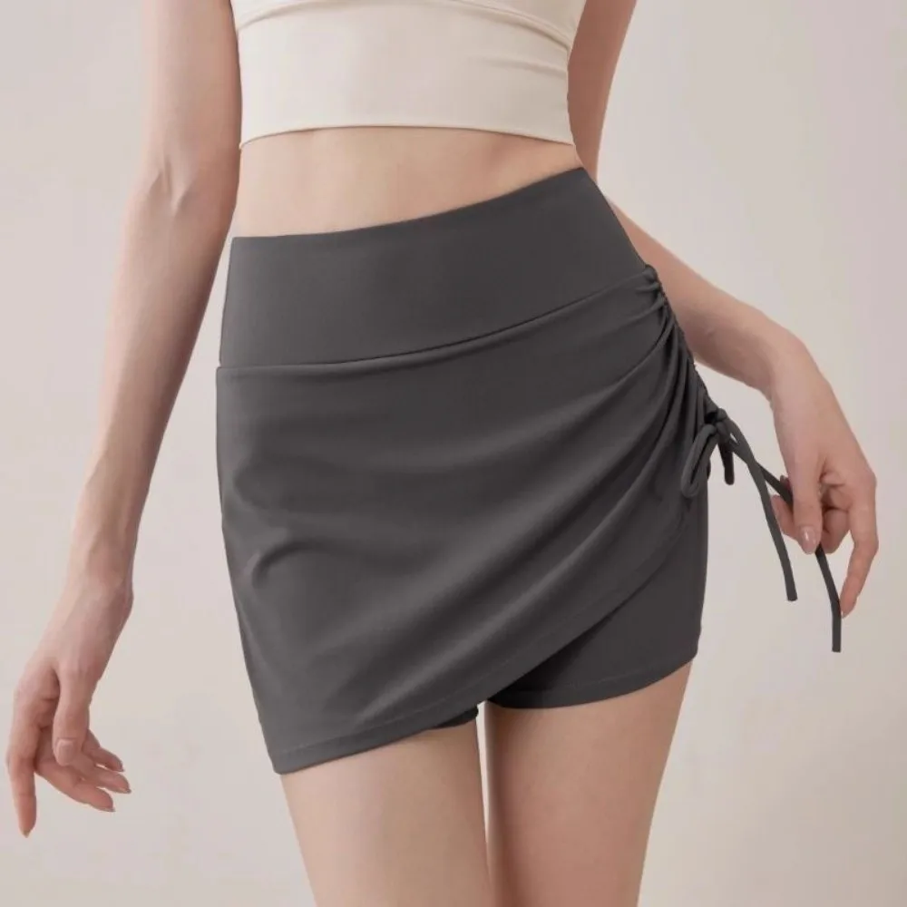 

High-Waisted Pleated Hip-lifting Shorts Irregular Curved Hem Quick Drying Fake Two Piece Sports Pants Slim Fit Anti Glare