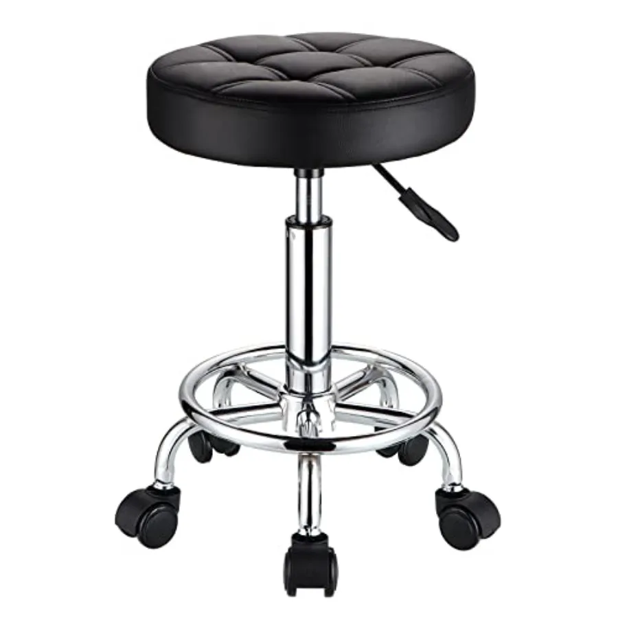 

HMTOT Round Rolling Stools PU Leather Seat Height Adjustable Swivel Stool with Wheels Black
