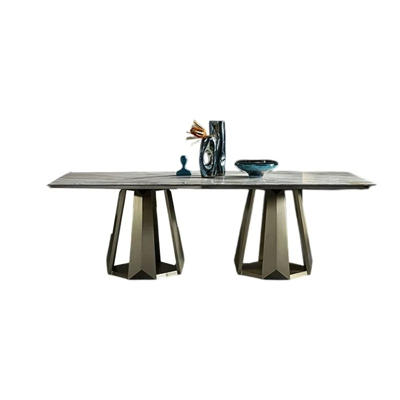 

Rock slab dining table light luxury high-end restaurant hotel long table stainless steel luxury furniture