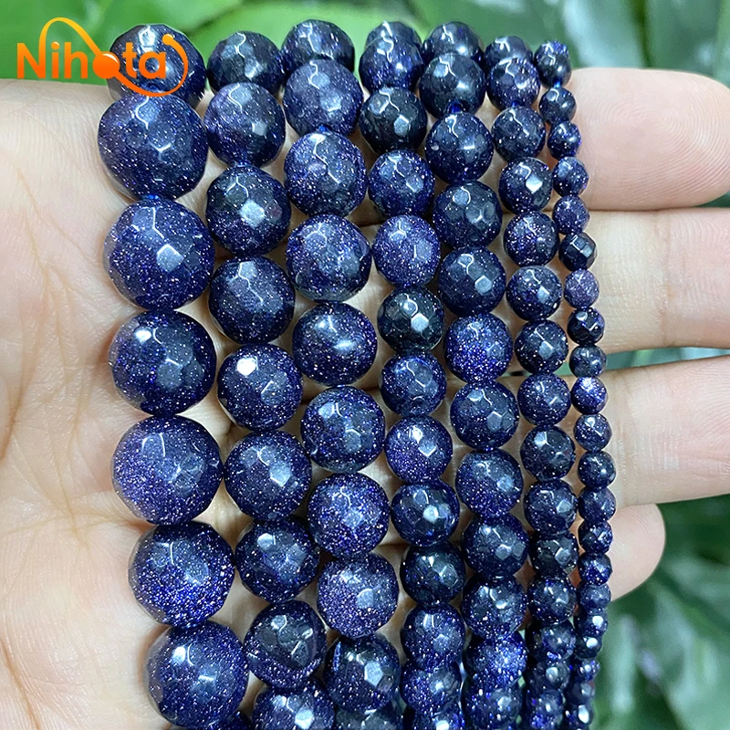 Smooth Faceted Dark Blue SandStone Round Loose Beads for Women's Bracelet Necklace Jewelry Making 15
