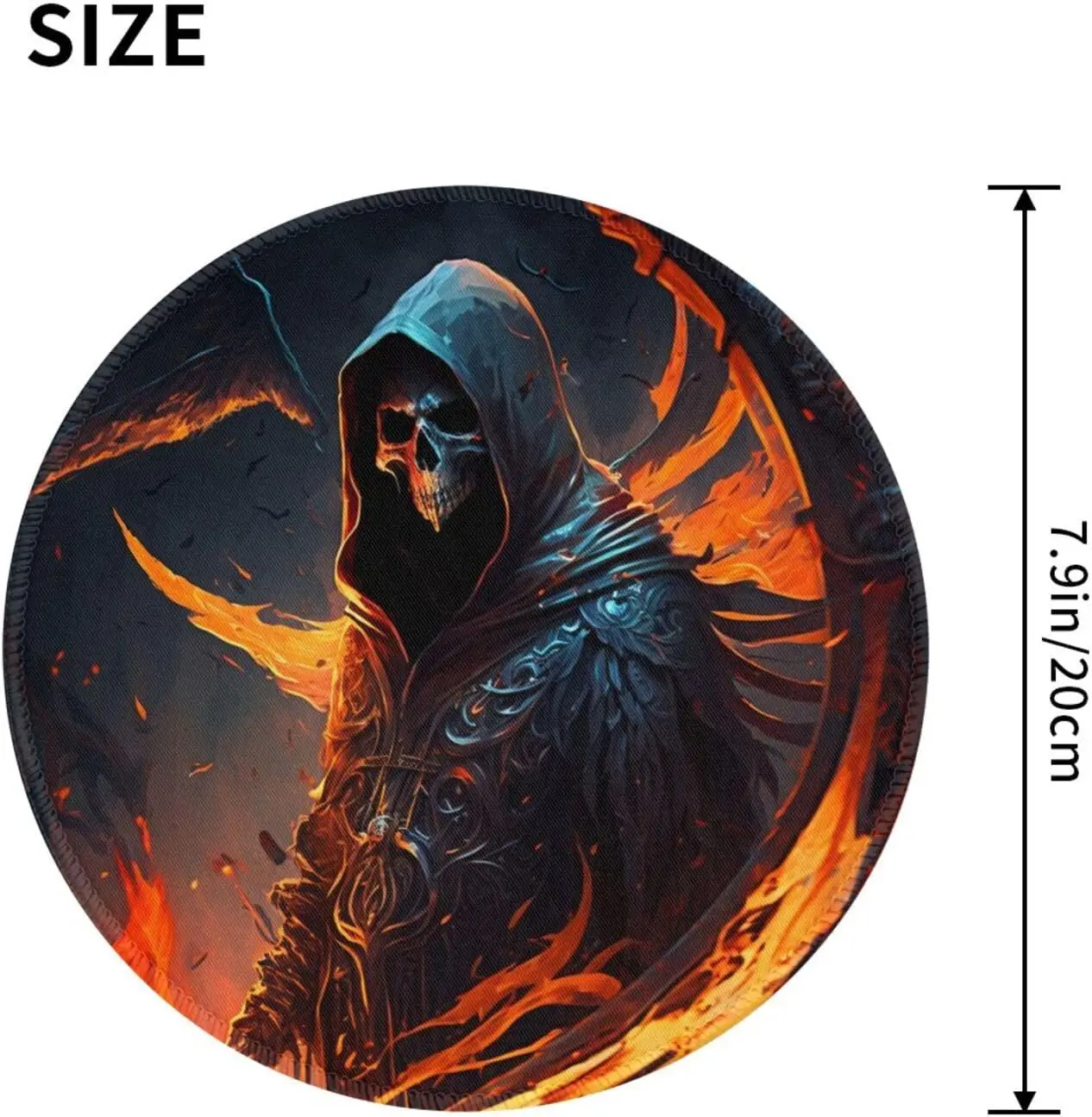 Funny Skull Round Mouse Pad Non-Slip Rubber Grim Reaper on fire Burning Gaming Mousepads with Stitched Edge for Office Computer