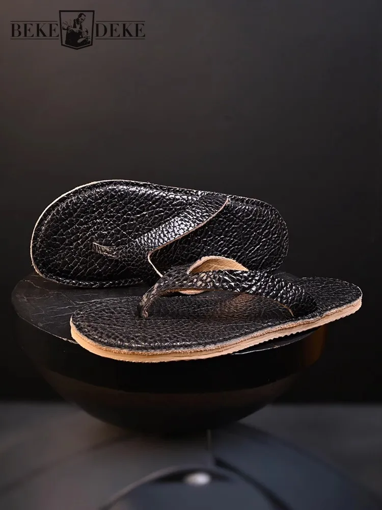 

Summer Mens Genuine Leather Beach Sandal High Street Personality Casual Flat Flip Flops Fashion Clip Toe Outside Footwear Male
