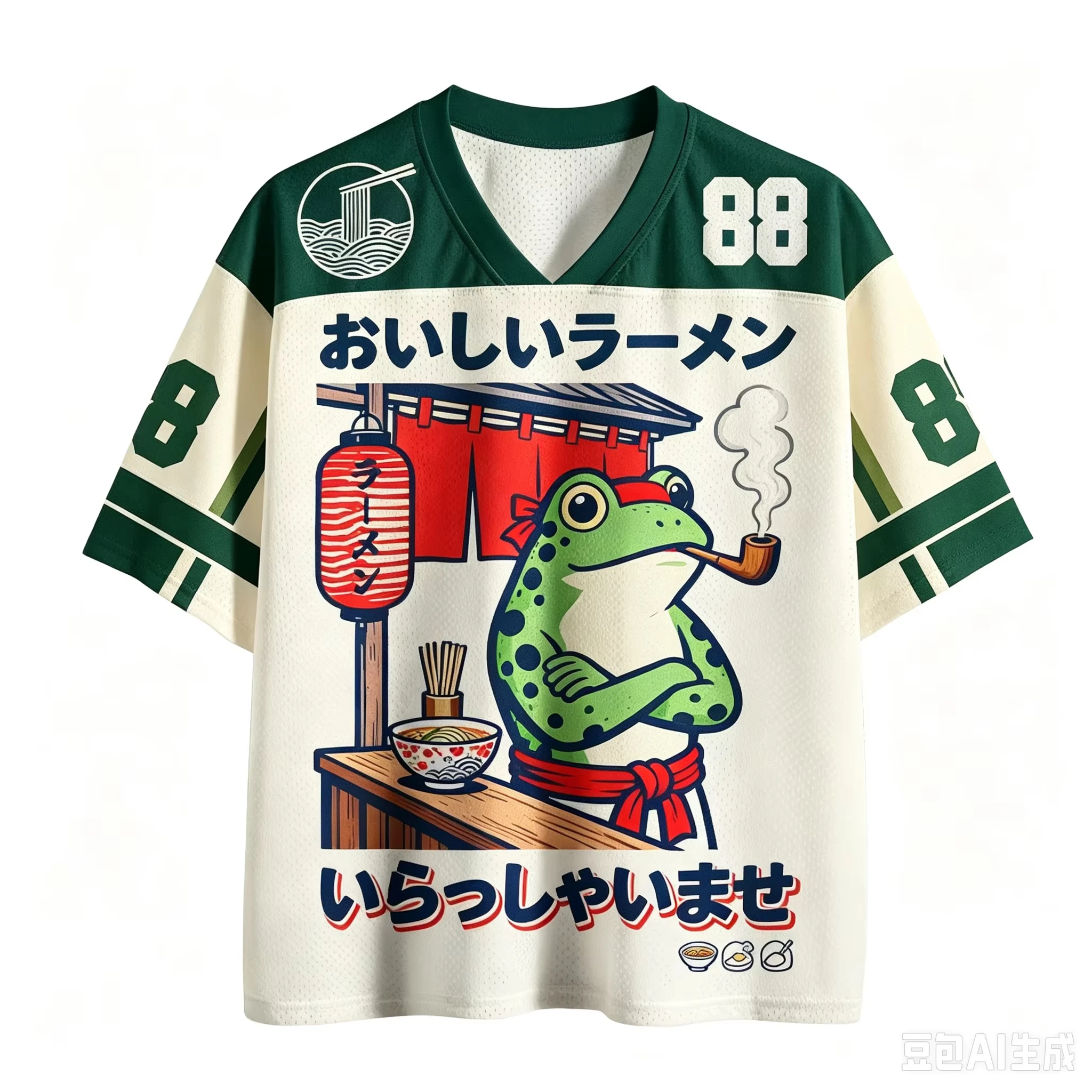 Vintage Japanese Frog Lamian Noodles Printed Mesh Jersey Loose V-neck Short Sleeve Street Style Casual T-shirt for Men and Women