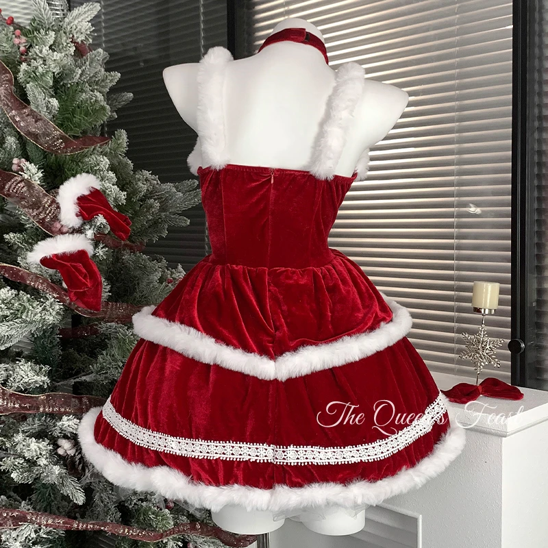 Christmas Red Velvet Splicing White Fluffy Women's Sling Dress Autumn Winter New Sweet Cool Sexy Lolita Dress Shawl Suit Ladies
