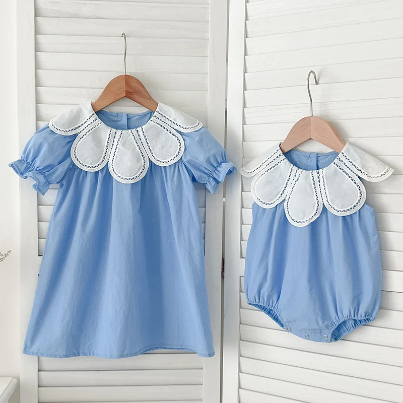 Infant Sisters Dress Summer Kids Princess Dresses Short Sleeved Cotton Solid Color Splicing Baby Romper Baby Girl Party Dress