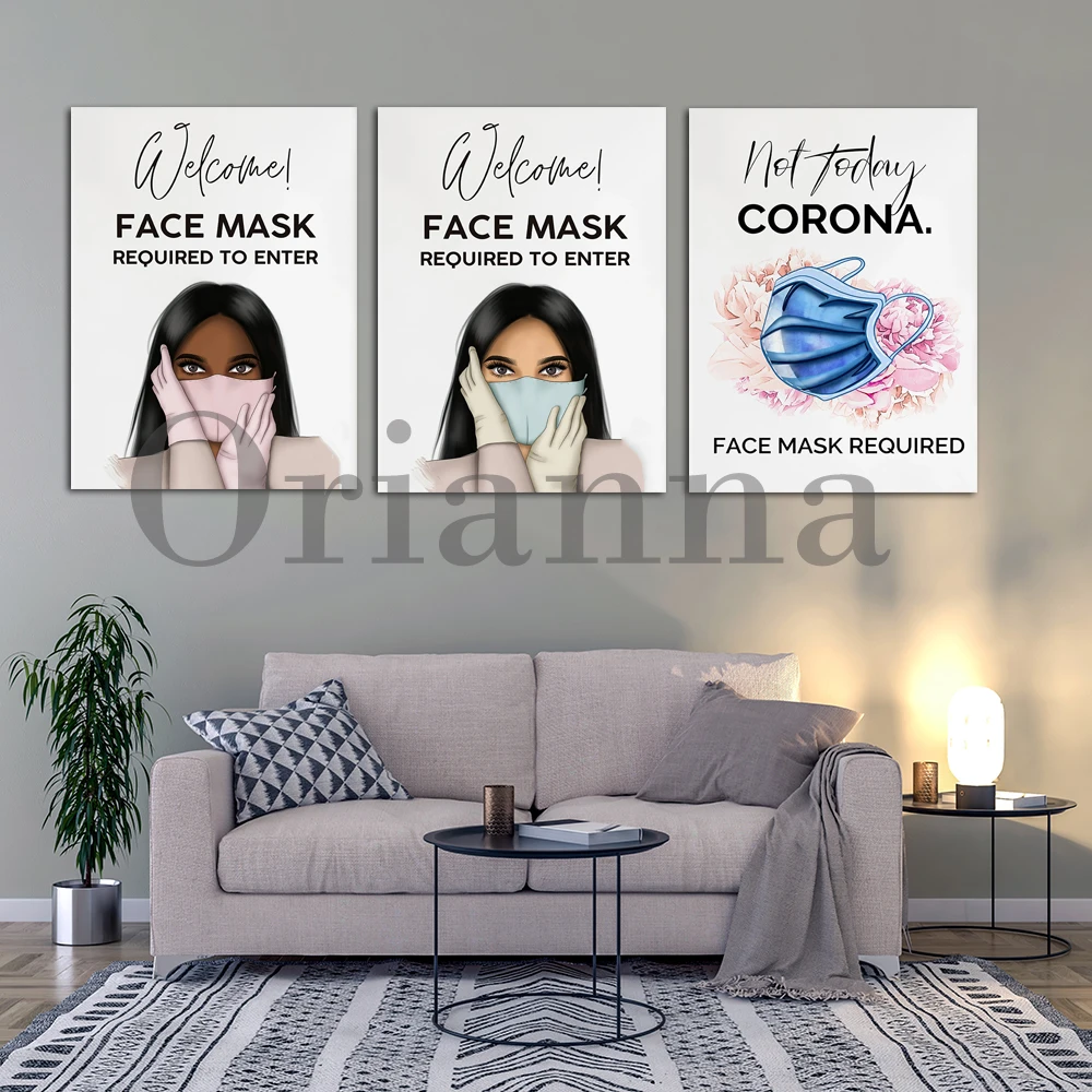 Face Mask Sanitize Hand Sanitizer Sign Keep Social Distancing Prints Posters Beauty Salon Hospital Doctor Clinic Decor Painting