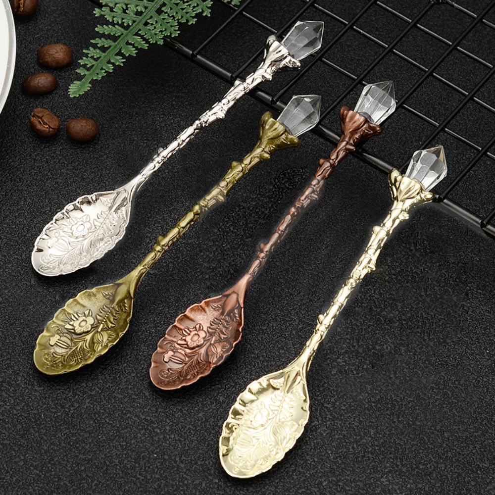 Cuchara tallada Vintage con patrón de cabeza de cristal, cucharas creativas de plata, oro, café, té, accesorios para herramientas de cocina