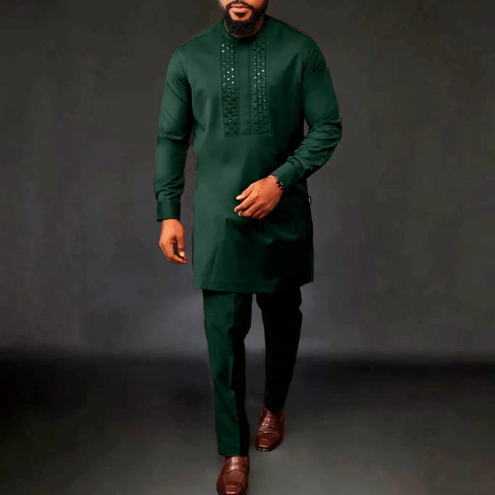 Novo Conjunto Dashiki de 2 Peças Abaya Roupa Masculina Camisa e Calça Manga Longa Estilo Étnico Africano Elegante Gola Redonda com Strass Kaftan