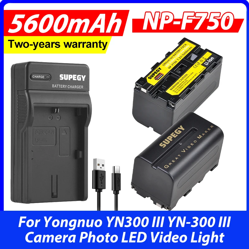 2 baterías de iones de litio NP-F750 NP-F770 de 5200mAh + cargador USB para cámara Yongnuo YN300 III YN-300 III, luz LED para fotografía y vídeo