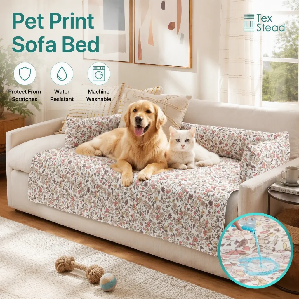 Ultra Soft Floral Brushed Waterproof Pet Sofa Cover with Bolster & Non-Slip Cushion, Washable Durable All-Season Protector