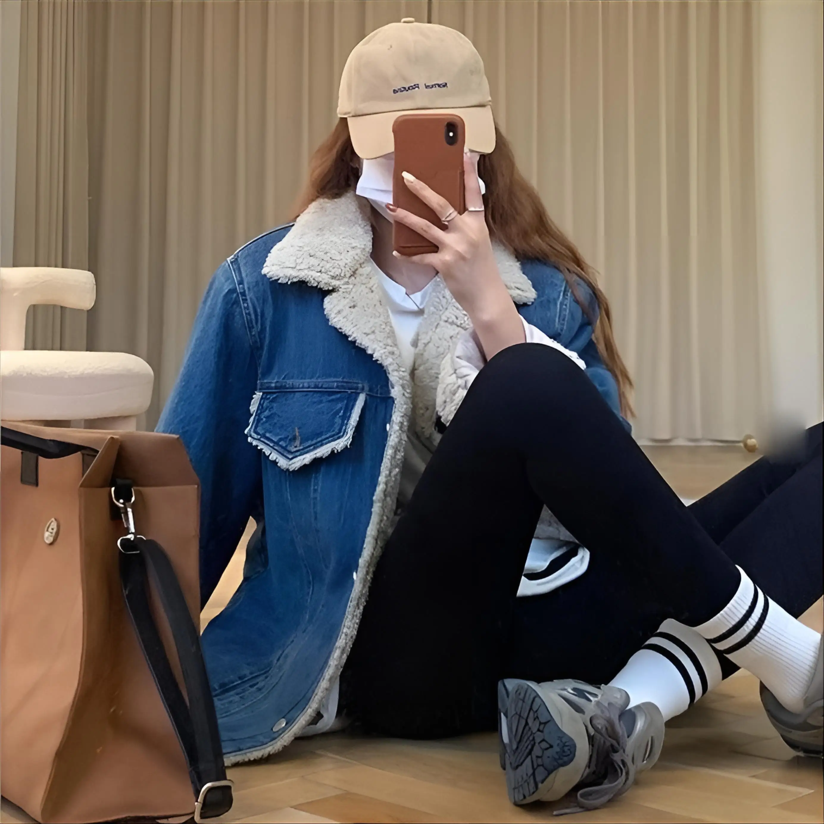 

Denim Coat For Women Dark Fur Plush Womens Autumn Fleece-Lined Cashmere Lining Adjustable Waistband Chic Training Leisure Jacket