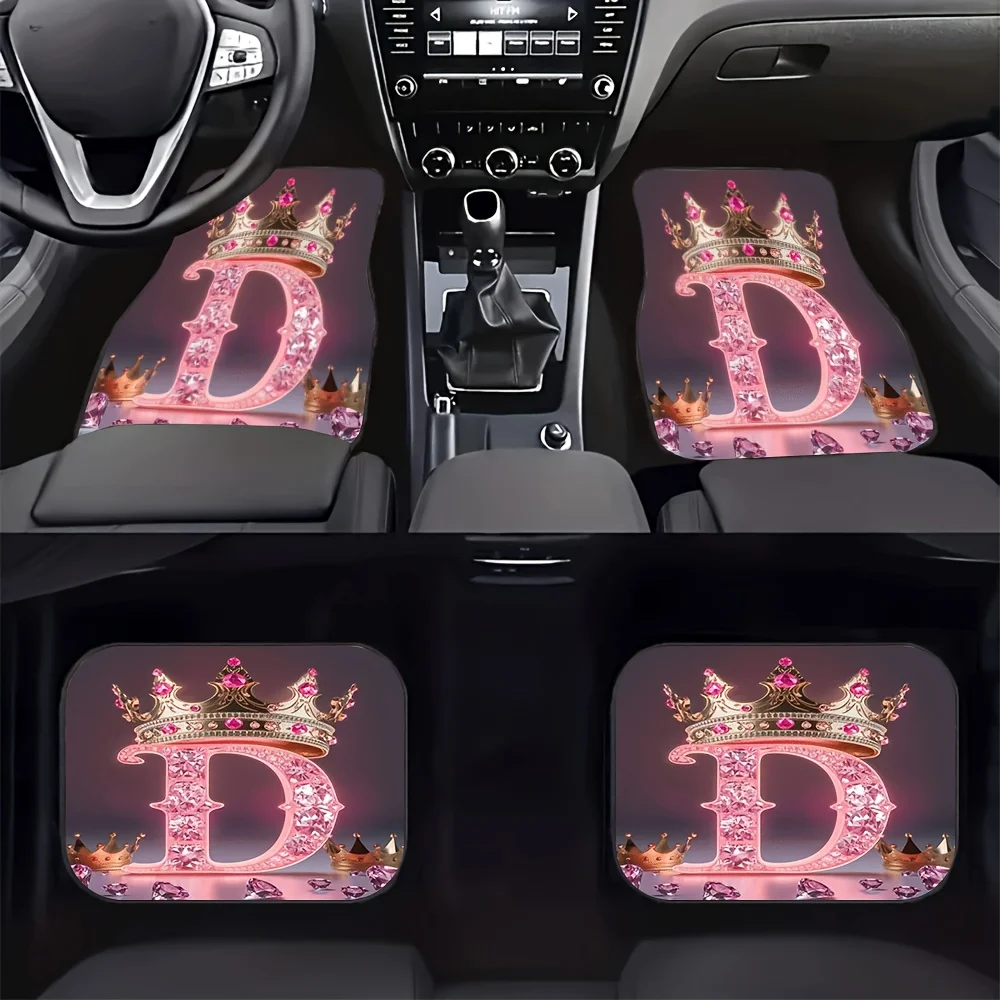 Set Of 4 Car Floor Mats Featuring A Diamond Crown And Letter D Design, Suitable For Both Front And Rear, Ideal For Car Interiors