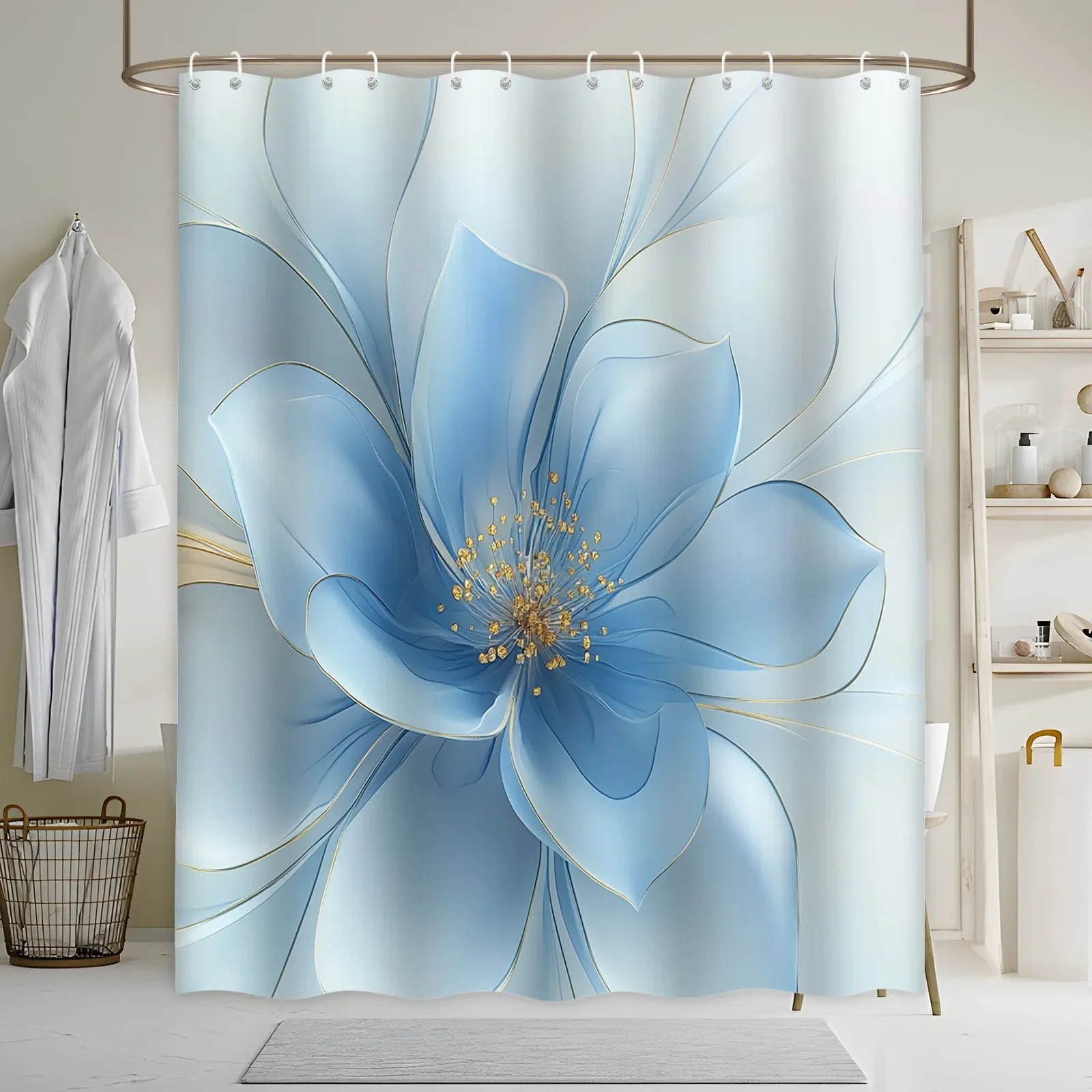 

Elegant Blue Flower Bath Curtain - Golden Yellow Center, Minimalist Realistic Illustration, Gradient Background