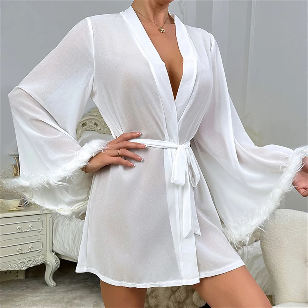 Chiffon Robe Nightgown Sexy Perspective Mesh Bathrobe Kimono Pulsh Cuff Robe Cardigan Lounge Wear