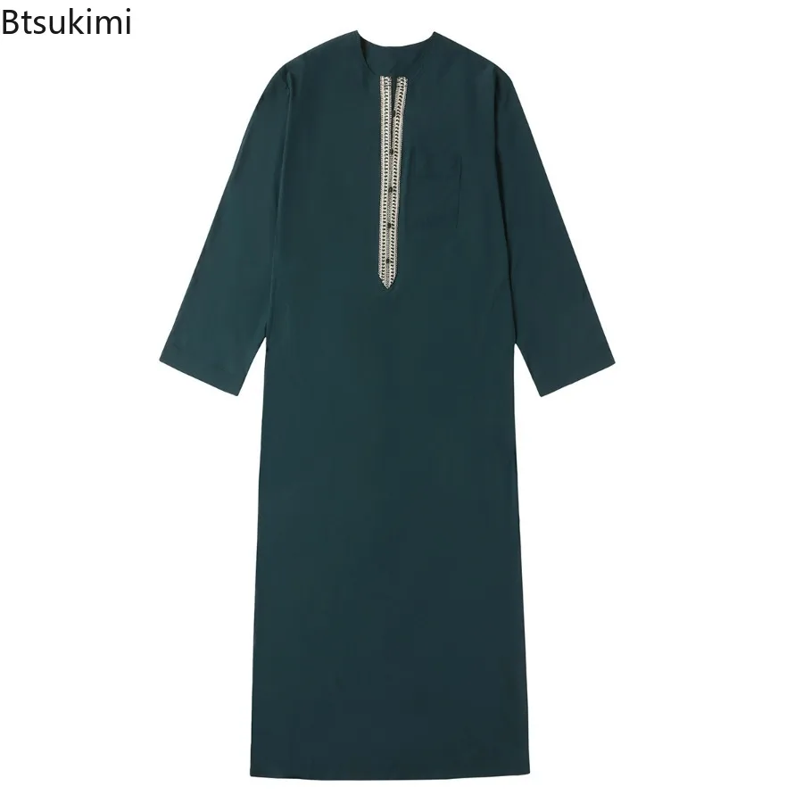 Jubah Muslim Pria Pakaian Arab Saudi Islami Ramadhan Arab Timur Tengah Gaun Pullover Lengan Panjang Leher Bulat Kasual Warna Polos