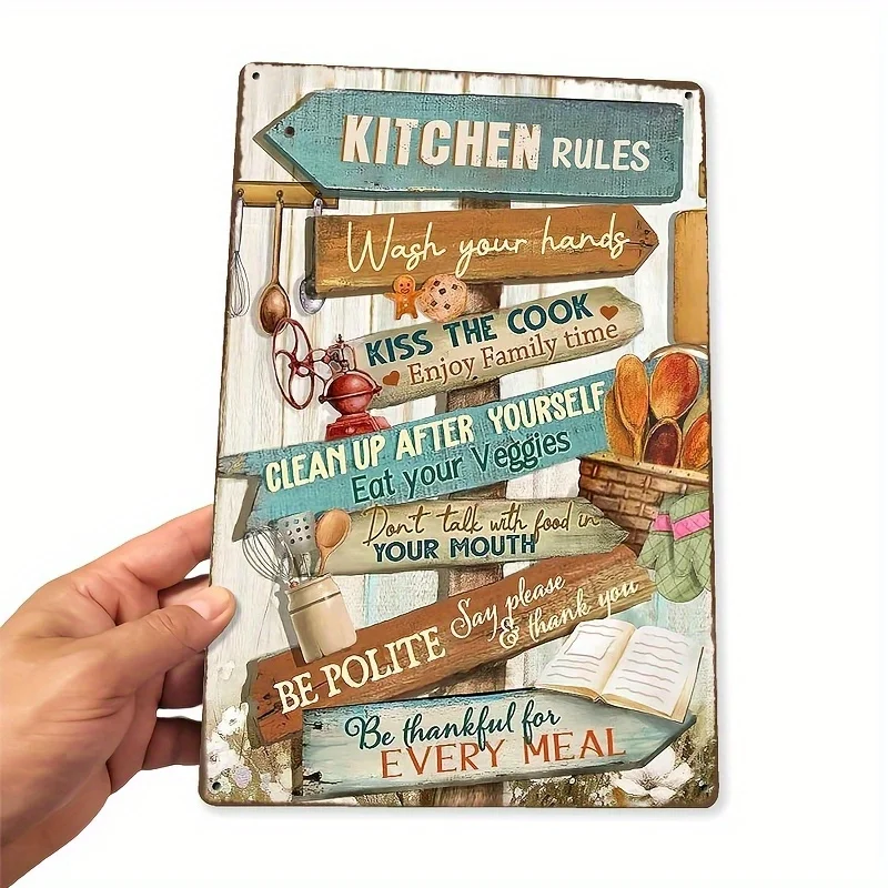 Vintage Metal Kitchen Rules Wall Art Sign - Rustic Farmhouse Decor with Handwashing & Family Time Guidelines,  Plaque for Kitche