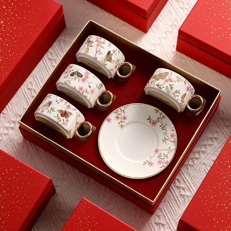 New European Bone China Coffee Cups and Saucers Tableware Coffee Milk Mug Afternoon Tea Teacup Saucer Coffeeware with Gift Box