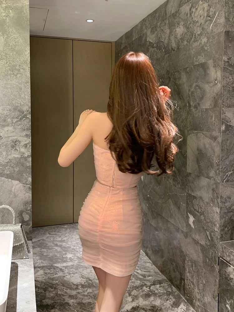 

Pink Pleated Skirt Women's Me iny Elastic Bodycon Sexy ort Skirt Summer New Arrival High Waist Polyurethane Fiber