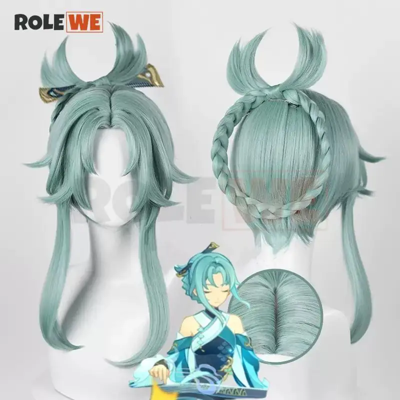 

High Quality Madame Ping Genshin Cosplay Genshin Impact Madame Ping Wig 45cm Blue Green Grey Heat Resistant Hair Wigs + Wig Cap