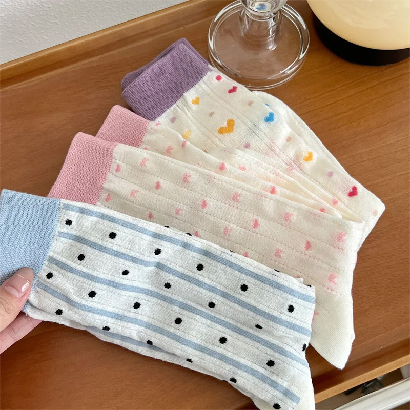 

Japanese Kawaii Cute Girls Socks Love Heart Polka Dot Calf Socks Summer Thin Hollow Out Breathable Long Sock Sweet Polka Dot Sox