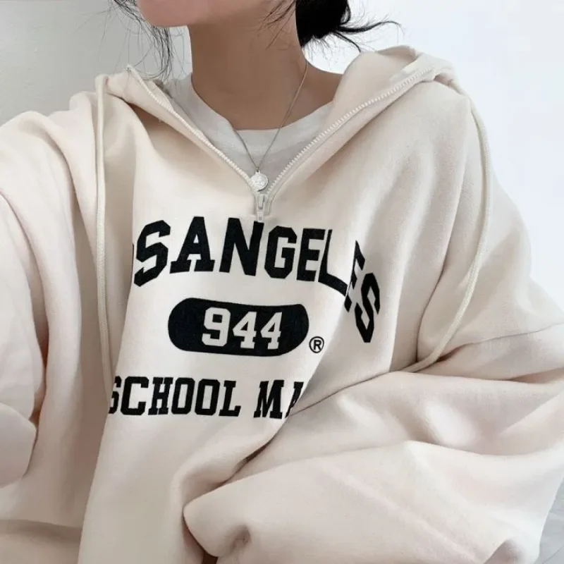 Women Loose Half Zipper Hooded Sweatshirts Y2k Pullover Long Sleeve Tops Korean Harajuku Vintage Letter Printed Baggy Hoodies