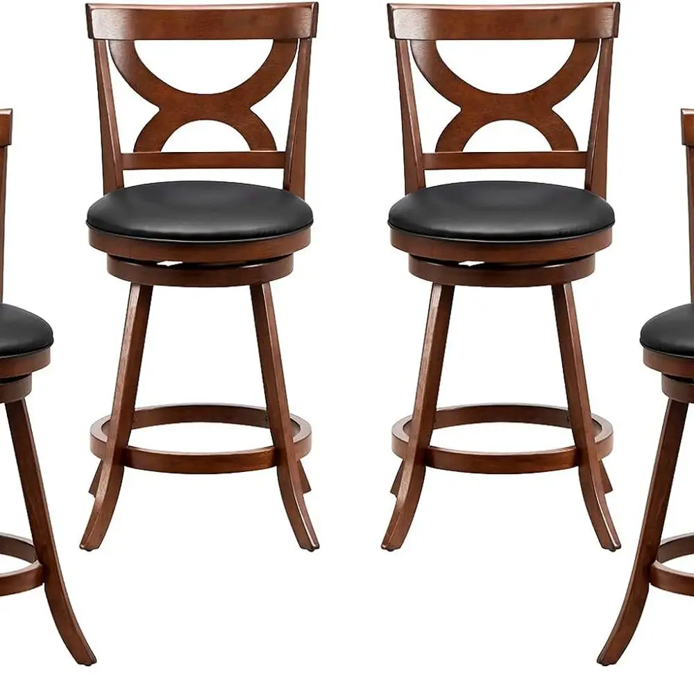 

Набор из 4 поворотных барных стульев с подушками, 24 высоты, полая спинка, подставки для ног из резинового дерева для кухонных островов и пабов.