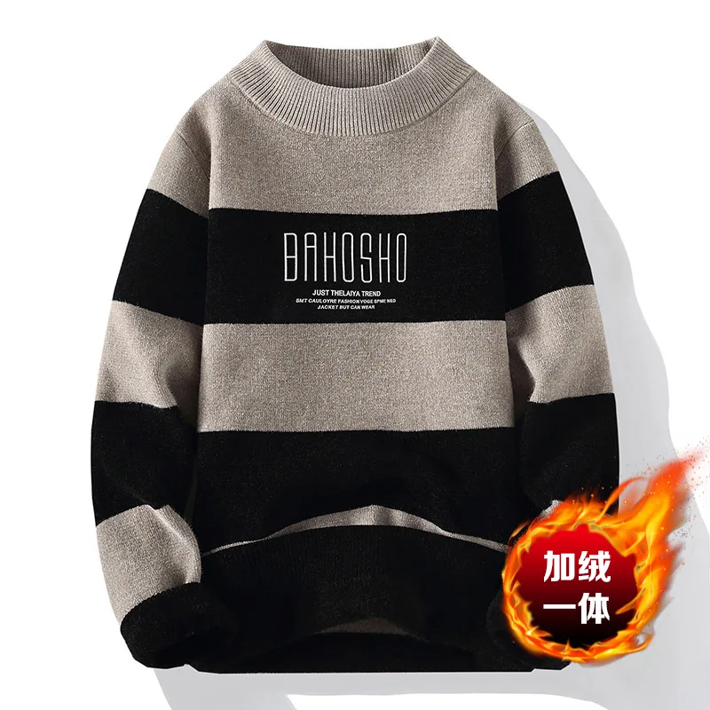 High Quality Mens Striped Sweater Half High Neck Sweater Men's Plush Thickened One Piece Plush Knitted Tops 2024 Autumn Pullover
