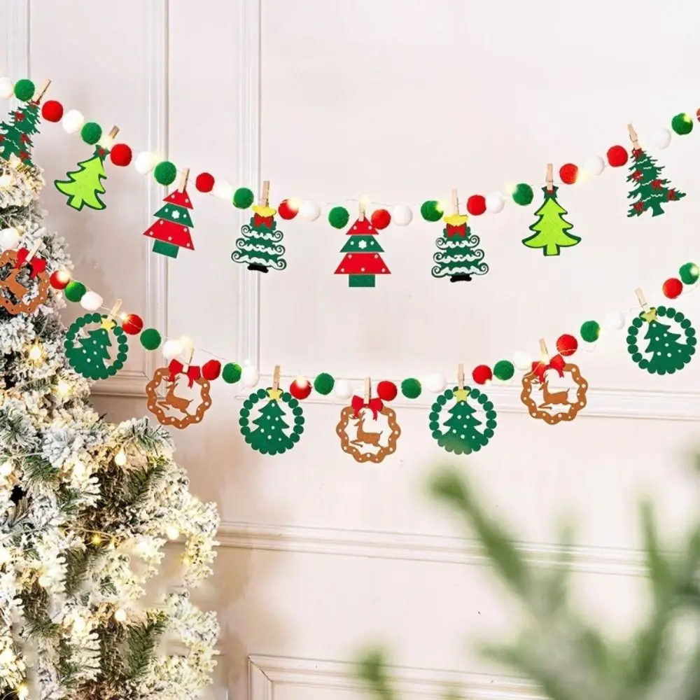 Merry Christmas Felt Christmas Banner Decorated Furry Balls LED String Light DIY Handmade Xmas Pendant Christmas Party